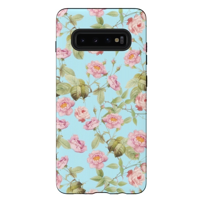 Galaxy S10 plus StrongFit Pastel Teal and Pink Roses Pattern by  Utart