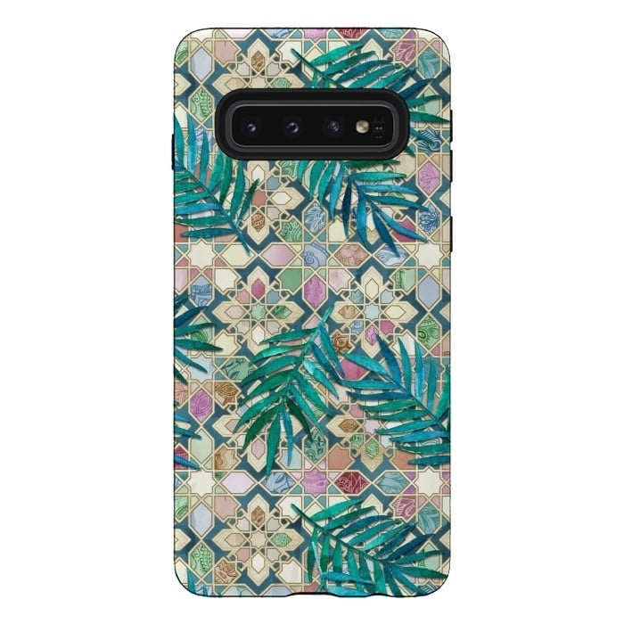 Galaxy S10 StrongFit Muted Moroccan Mosaic Tiles with Palm Leaves by Micklyn Le Feuvre