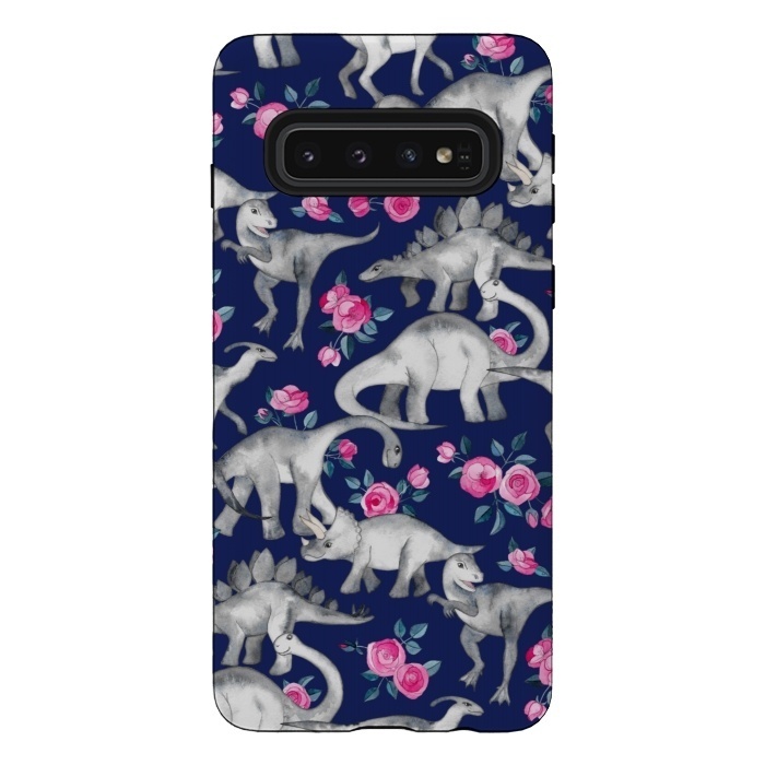 Galaxy S10 StrongFit Dinosaurs and Roses on Dark Blue Purple by Micklyn Le Feuvre