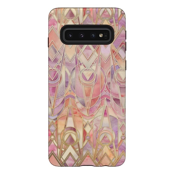 Galaxy S10 StrongFit Glowing Coral and Amethyst Art Deco Pattern by Micklyn Le Feuvre