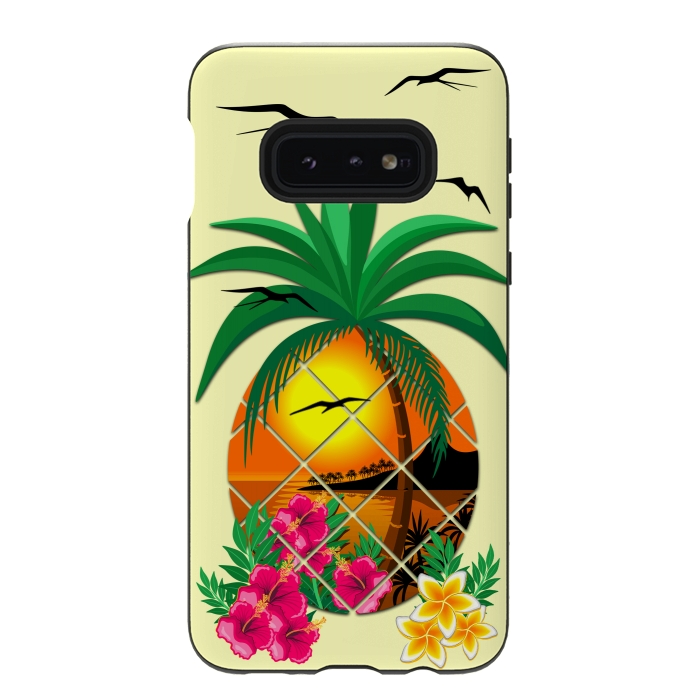 Galaxy S10e StrongFit Pineapple Tropical Sunset, Palm Tree and Flowers by BluedarkArt
