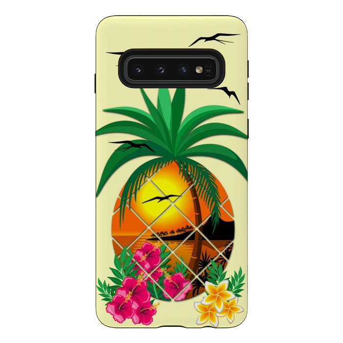 Galaxy S10 StrongFit Pineapple Tropical Sunset, Palm Tree and Flowers by BluedarkArt