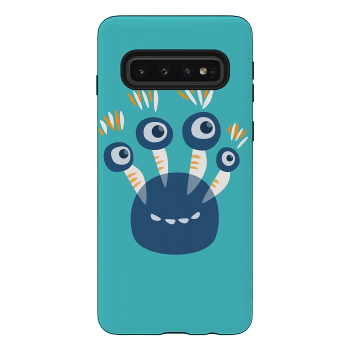 Galaxy S10 StrongFit Cute Blue Cartoon Monster With Four Eyes by Boriana Giormova