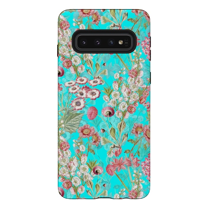 Galaxy S10 StrongFit White & Pink Flowers on Teal by  Utart
