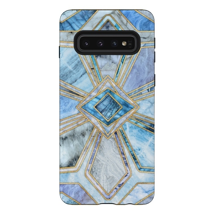 Galaxy S10 StrongFit Geometric Gilded Stone Tiles in Soft Blues by Micklyn Le Feuvre