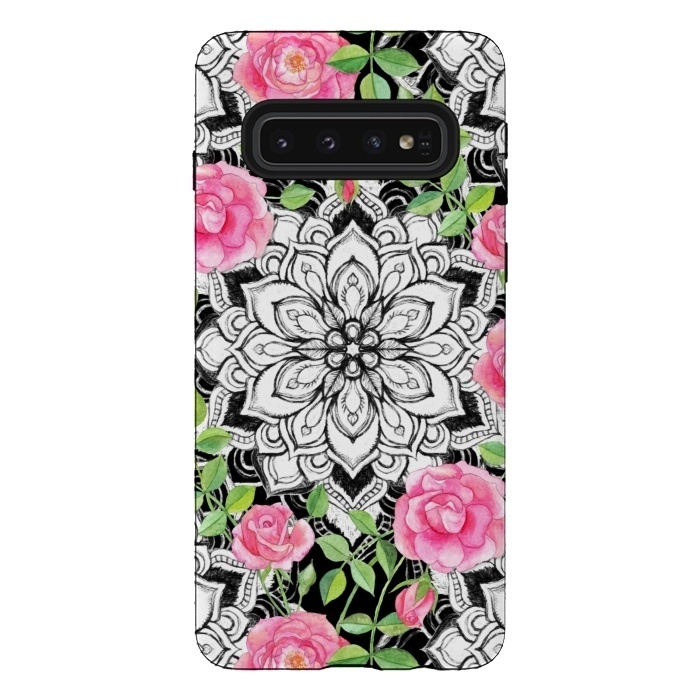 Galaxy S10 StrongFit Peach Pink Roses and Mandalas on Black and White Lace by Micklyn Le Feuvre
