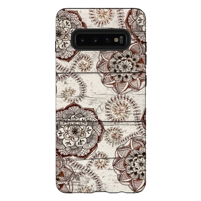 Galaxy S10 plus StrongFit Coffee & Cocoa - brown & cream floral doodles on wood by Micklyn Le Feuvre
