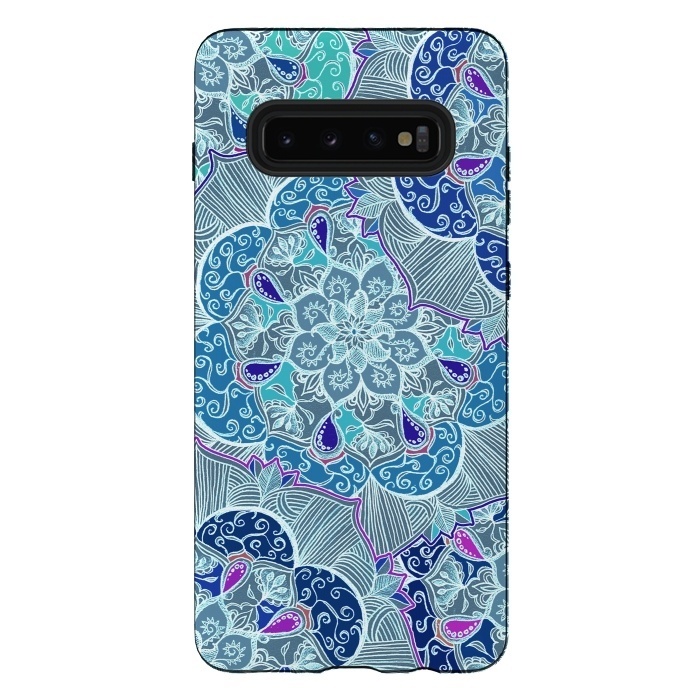 Galaxy S10 plus StrongFit Fresh Doodle in Teal Blue, Purple and Grey by Micklyn Le Feuvre