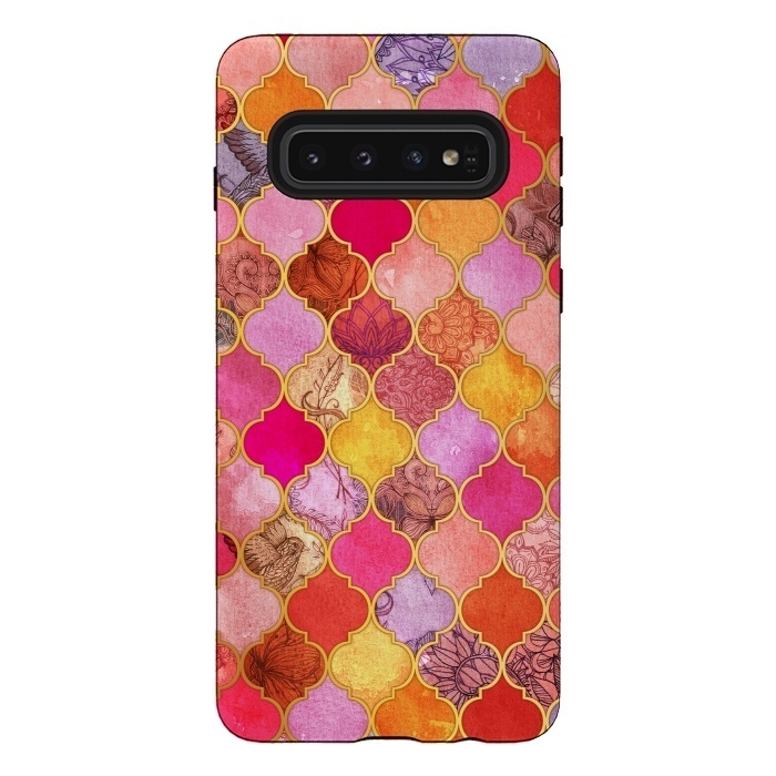 Galaxy S10 StrongFit Hot Pink, Gold, Tangerine & Taupe Decorative Moroccan Tile Pattern by Micklyn Le Feuvre