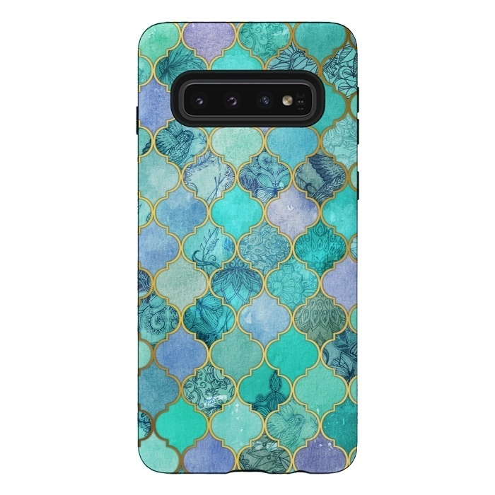 Galaxy S10 StrongFit Cool Jade Icy Mint Decorative Moroccan Tile Pattern by Micklyn Le Feuvre
