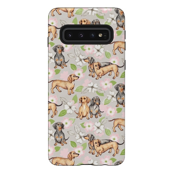 Galaxy S10 StrongFit Dachshunds and dogwood blossoms by Micklyn Le Feuvre