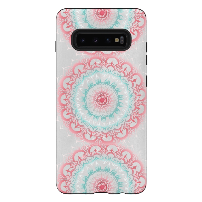 Galaxy S10 plus StrongFit Faded Coral & Mint Mandalas on Grey by Tangerine-Tane