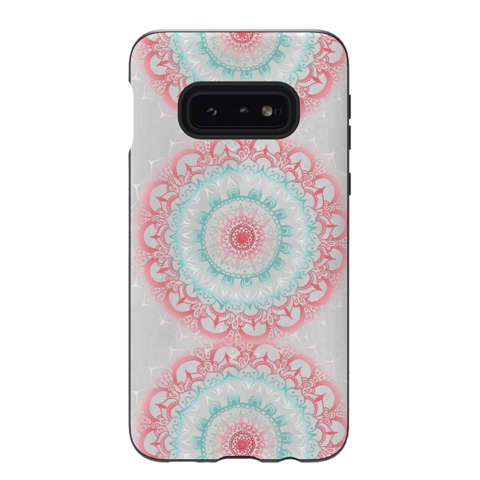 Galaxy S10e StrongFit Faded Coral & Mint Mandalas on Grey by Tangerine-Tane