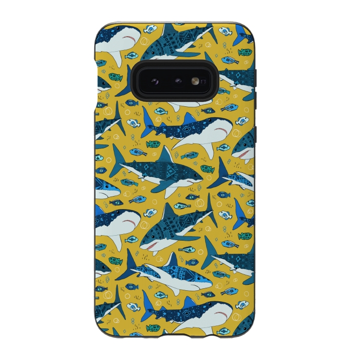 Galaxy S10e StrongFit Tribal Sharks & Fish On Mustard by Tigatiga