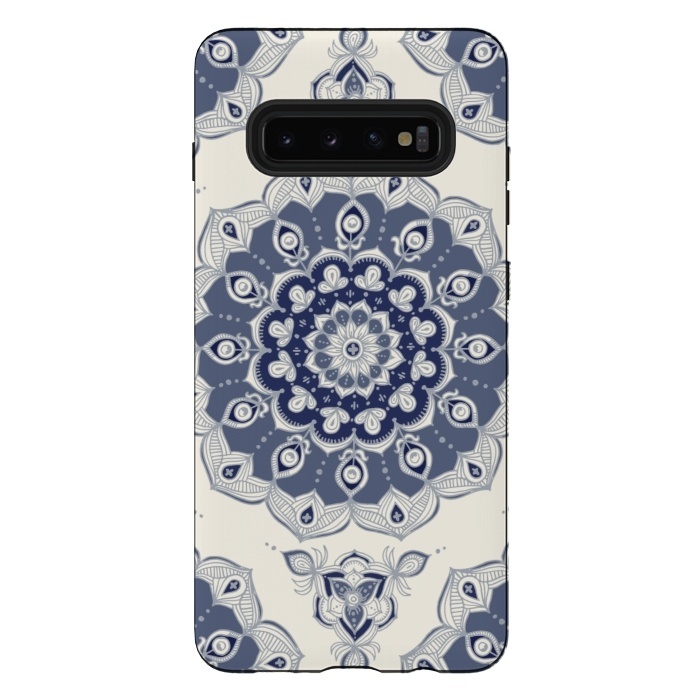 Galaxy S10 plus StrongFit Grey Blue Monochrome Floral Mandala by Micklyn Le Feuvre