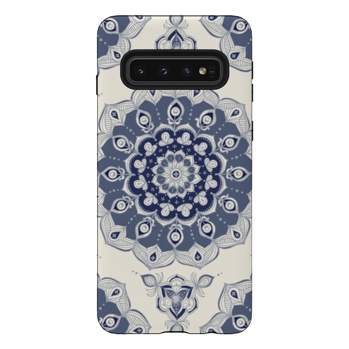 Galaxy S10 StrongFit Grey Blue Monochrome Floral Mandala by Micklyn Le Feuvre