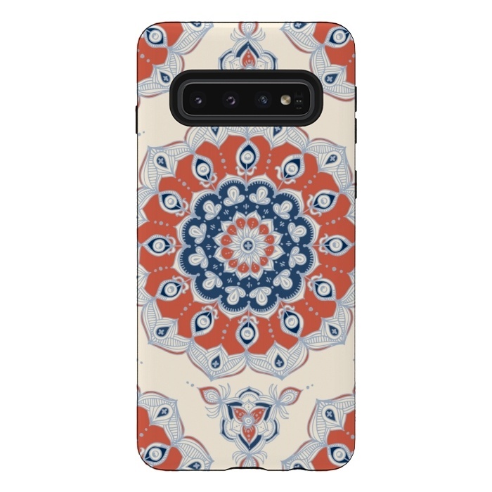 Galaxy S10 StrongFit Red, Blue and Cream Floral Mandala by Micklyn Le Feuvre