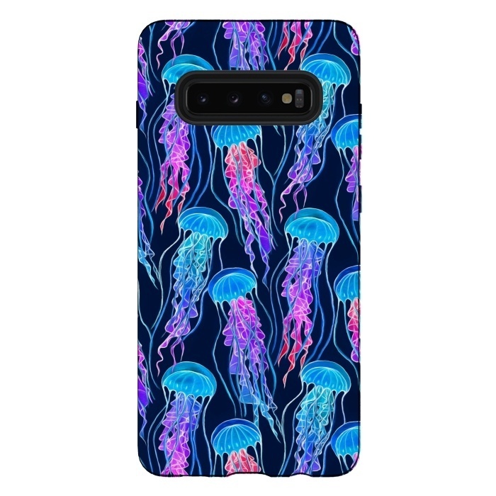 Galaxy S10 plus StrongFit Luminescent Rainbow Jellyfish on Navy Blue by Micklyn Le Feuvre