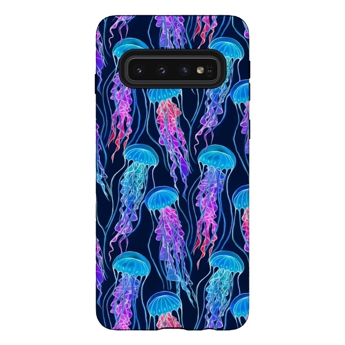 Galaxy S10 StrongFit Luminescent Rainbow Jellyfish on Navy Blue by Micklyn Le Feuvre