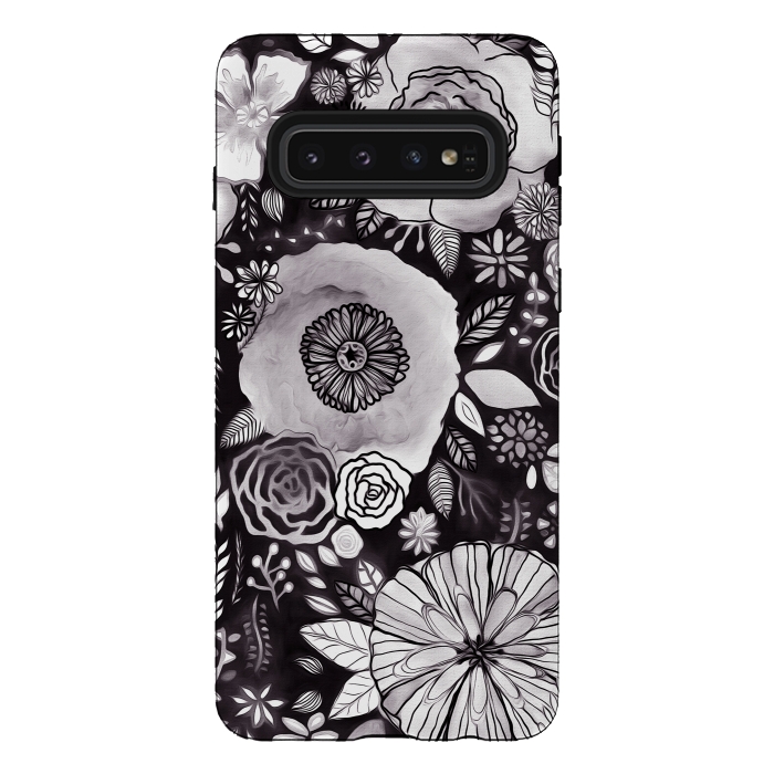 Galaxy S10 StrongFit Black & White Floral Mix  by Tigatiga
