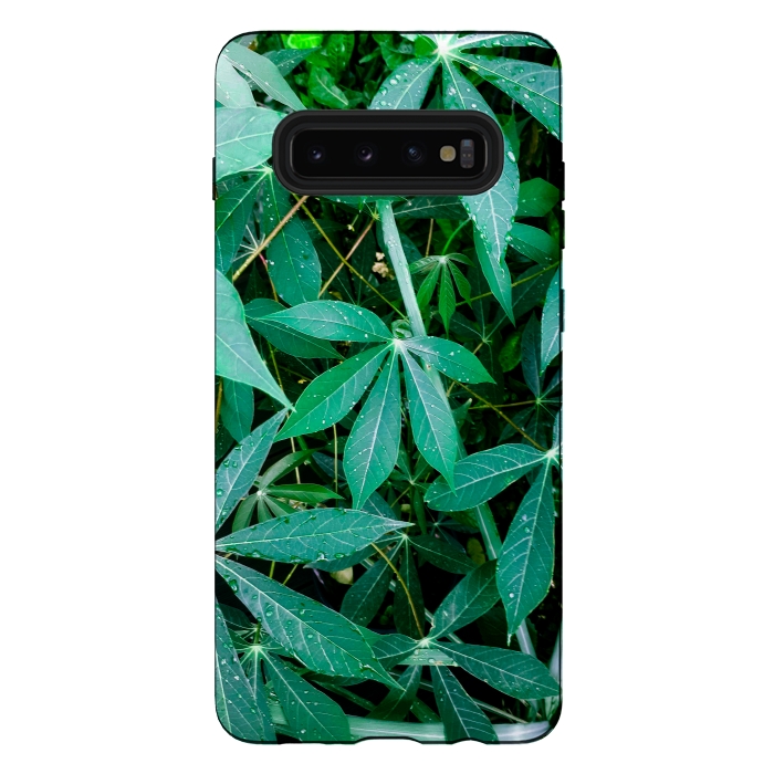 Galaxy S10 plus StrongFit Manioc Leaves with Rain Drops Pattern by BluedarkArt