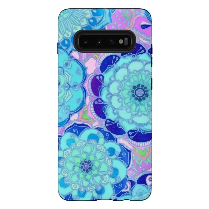 Galaxy S10 plus StrongFit Radiant Cyan & Purple Stained Glass Floral Mandalas by Micklyn Le Feuvre