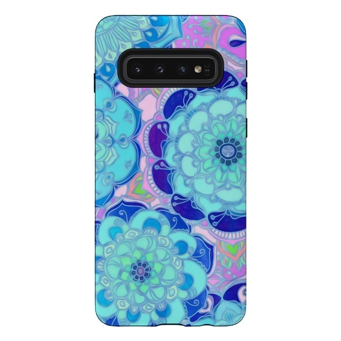 Galaxy S10 StrongFit Radiant Cyan & Purple Stained Glass Floral Mandalas by Micklyn Le Feuvre