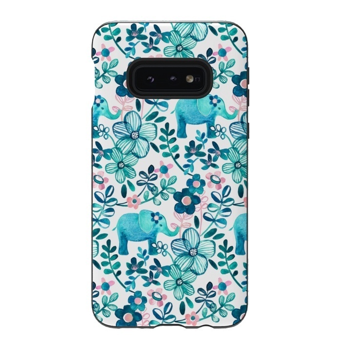Galaxy S10e StrongFit Little Teal Elephant Watercolor Floral on White by Micklyn Le Feuvre