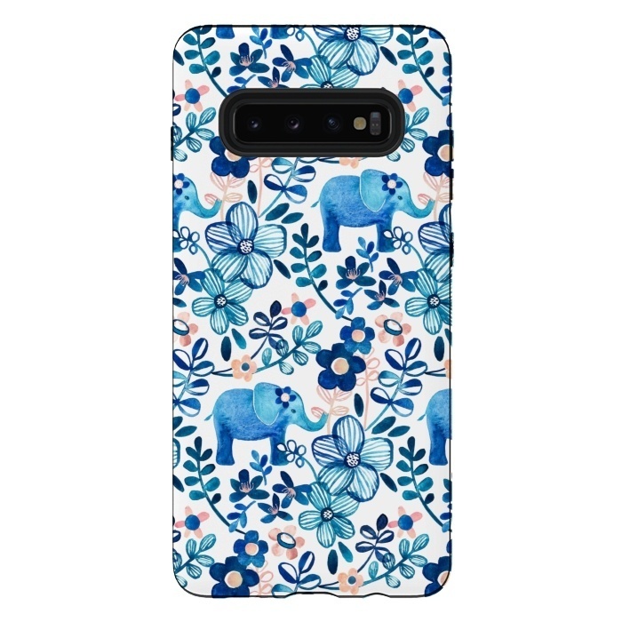 Galaxy S10 plus StrongFit Little Blue Elephant Watercolor Floral on White by Micklyn Le Feuvre