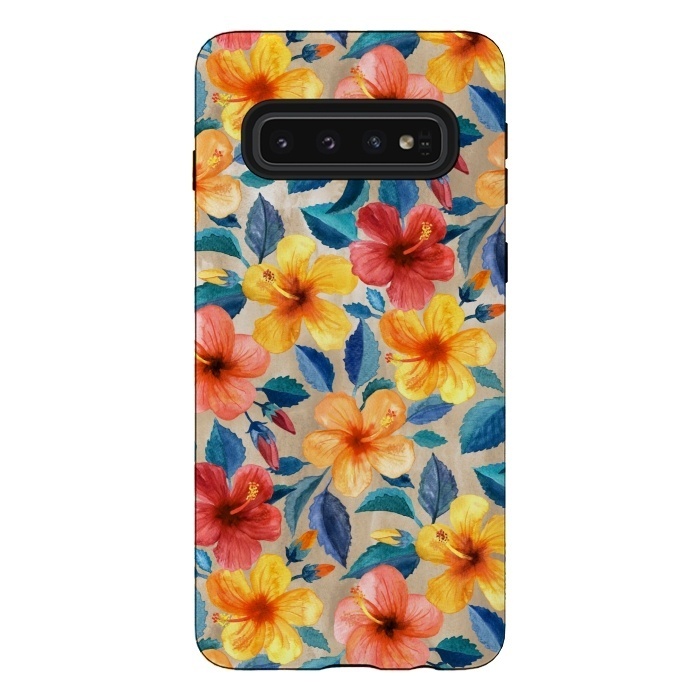 Galaxy S10 StrongFit Little Tropical Hibiscus Blooms in Watercolor by Micklyn Le Feuvre