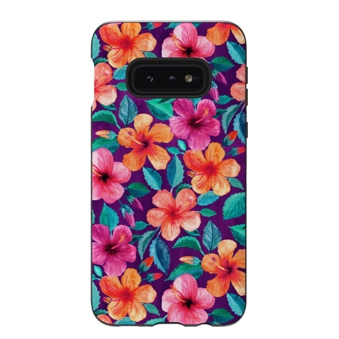 Galaxy S10e StrongFit Little Bright Hibiscus Blooms in Watercolor on Purple by Micklyn Le Feuvre