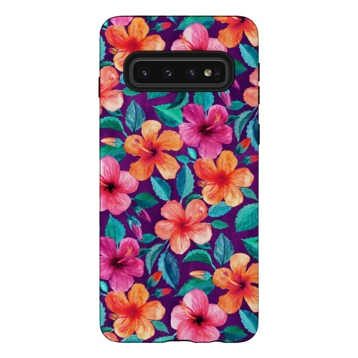 Galaxy S10 StrongFit Little Bright Hibiscus Blooms in Watercolor on Purple by Micklyn Le Feuvre
