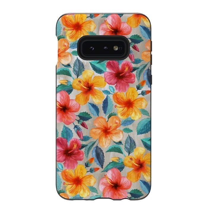 Galaxy S10e StrongFit Little Tropical Hawaiian Hibiscus Blooms in Watercolor by Micklyn Le Feuvre