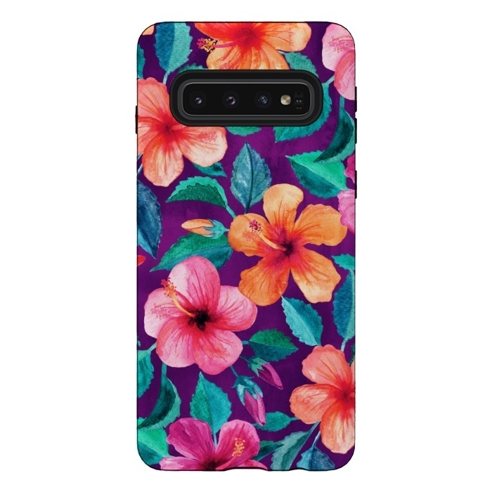 Galaxy S10 StrongFit Bright Hibiscus Blooms in Watercolor on Purple by Micklyn Le Feuvre
