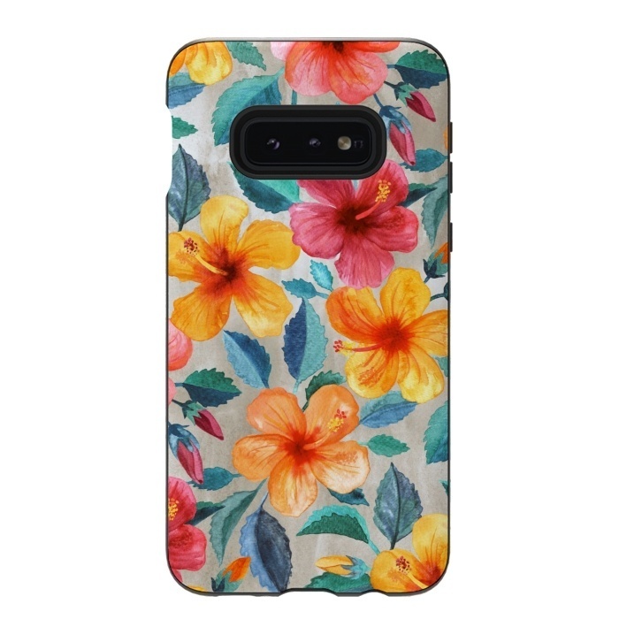 Galaxy S10e StrongFit Tropical Hawaiian Hibiscus Blooms in Watercolor by Micklyn Le Feuvre