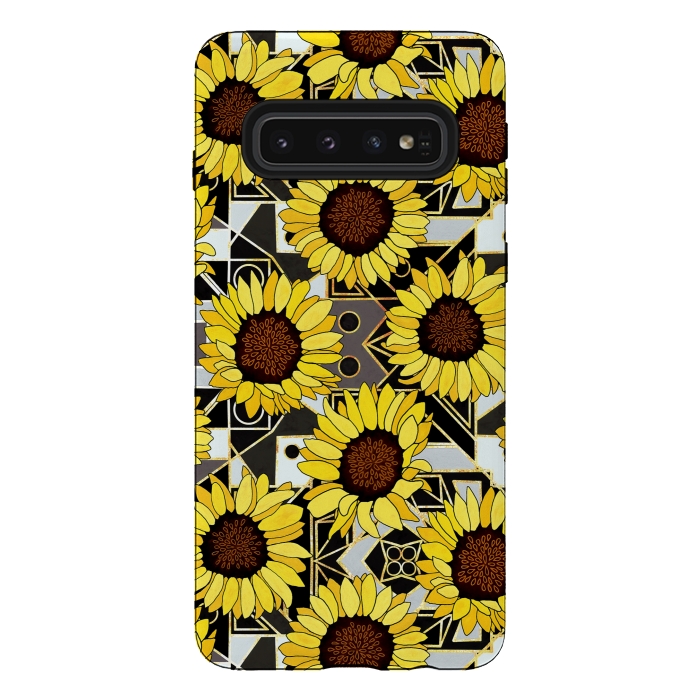 Galaxy S10 StrongFit Sunflowers & Geometric Gold, Black & White Background  by Tigatiga