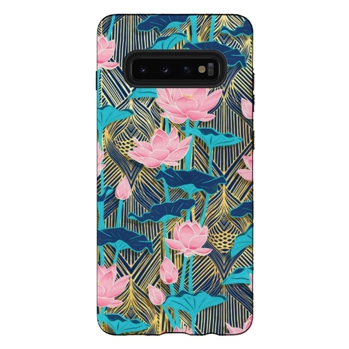 Galaxy S10 plus StrongFit Art Deco Lotus Flowers in Pink & Navy by Micklyn Le Feuvre