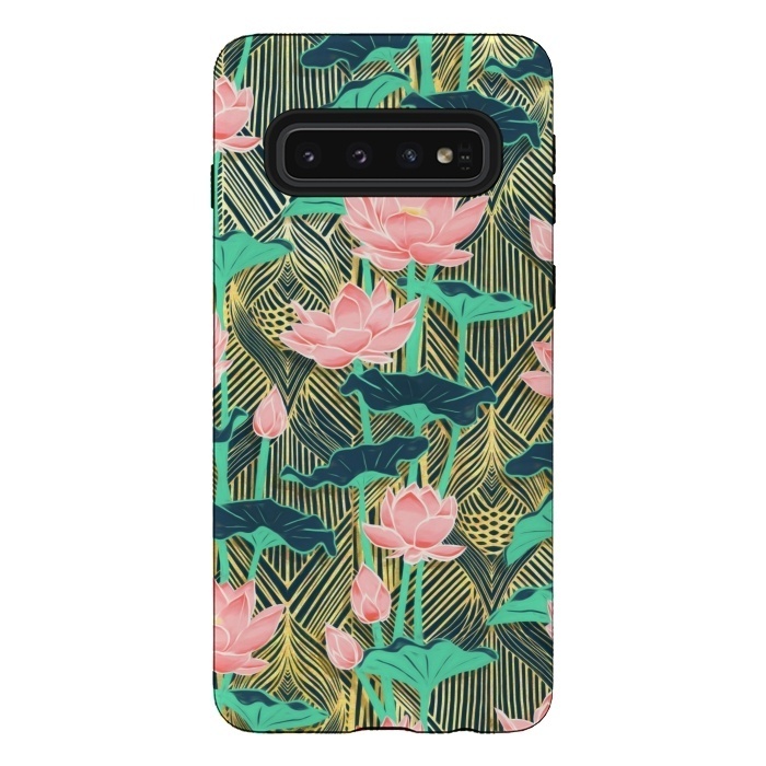 Galaxy S10 StrongFit Art Deco Lotus Flowers in Peach & Emerald by Micklyn Le Feuvre