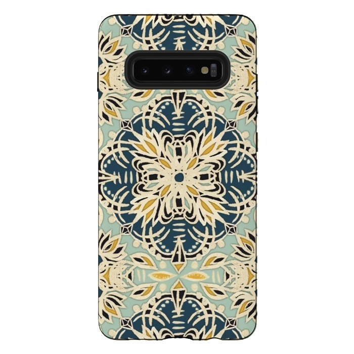 Galaxy S10 plus StrongFit Protea Pattern in Deep Teal, Cream, Sage Green & Yellow Ocher by Micklyn Le Feuvre