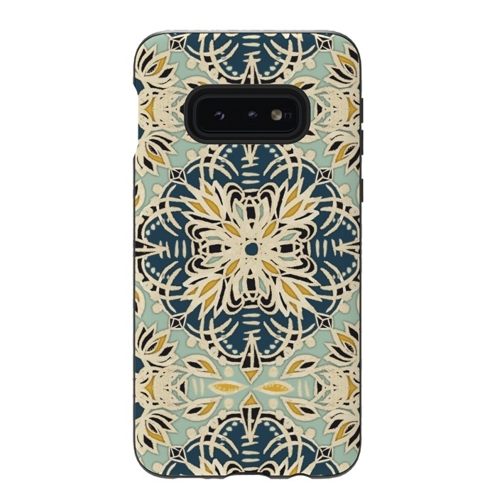 Galaxy S10e StrongFit Protea Pattern in Deep Teal, Cream, Sage Green & Yellow Ocher by Micklyn Le Feuvre