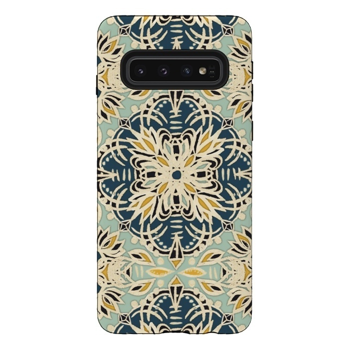 Galaxy S10 StrongFit Protea Pattern in Deep Teal, Cream, Sage Green & Yellow Ocher by Micklyn Le Feuvre