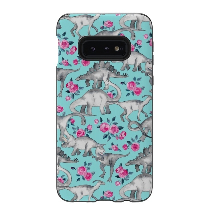 Galaxy S10e StrongFit Dinosaurs and Roses on Turquoise by Micklyn Le Feuvre