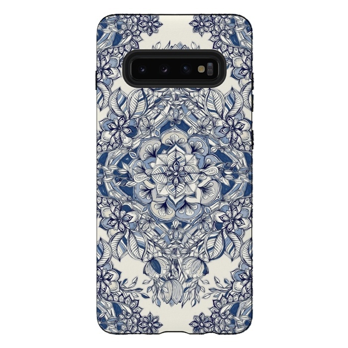 Galaxy S10 plus StrongFit Floral Diamond Doodle in Dark Blue and Cream by Micklyn Le Feuvre