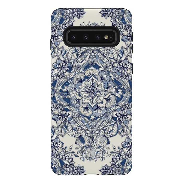 Galaxy S10 StrongFit Floral Diamond Doodle in Dark Blue and Cream by Micklyn Le Feuvre