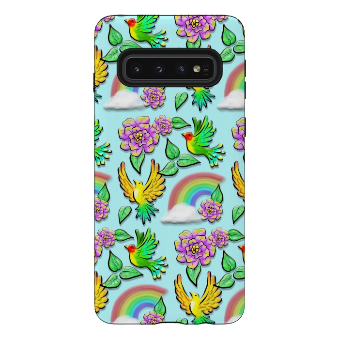 Galaxy S10 StrongFit Birds Flowers and Rainbows Doodle Pattern by BluedarkArt