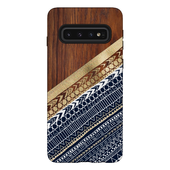 Galaxy S10 StrongFit Navy & Gold Tribal on Wood by Tangerine-Tane