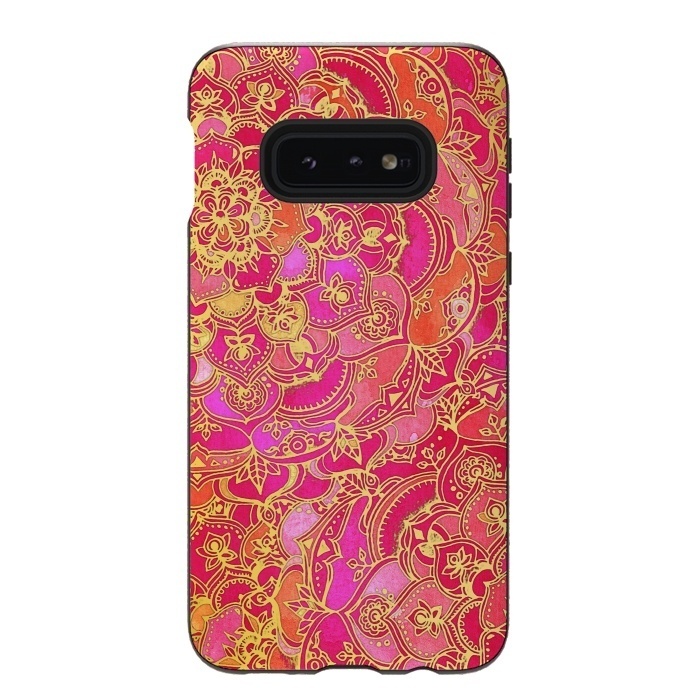 Galaxy S10e StrongFit Hot Pink and Gold Baroque Floral Pattern by Micklyn Le Feuvre