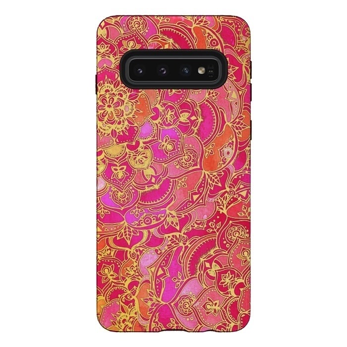 Galaxy S10 StrongFit Hot Pink and Gold Baroque Floral Pattern by Micklyn Le Feuvre