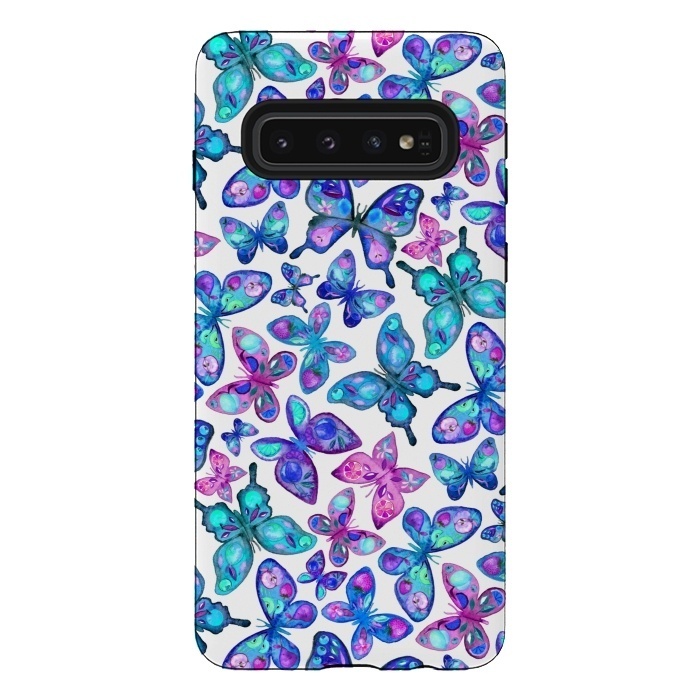Galaxy S10 StrongFit Watercolor Fruit Patterned Butterflies - aqua and sapphire by Micklyn Le Feuvre