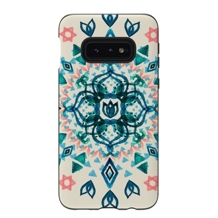 Galaxy S10e StrongFit Watercolor Lotus Mandala in Teal & Salmon Pink by Micklyn Le Feuvre